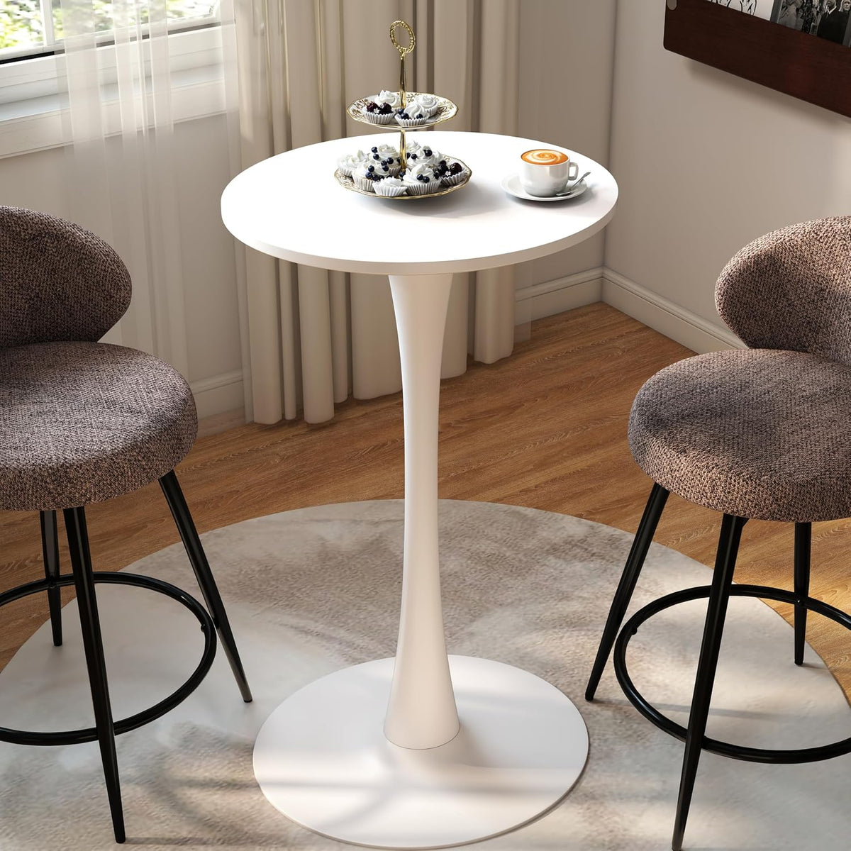 Modern Tulip Round Bar Table, 41” Height Bistro Pub Table, Height Cocktail Bar Table with Metal Base and MDF Top for Kitchen, Dining Room, Home Bar, Café, Small Spaces, White