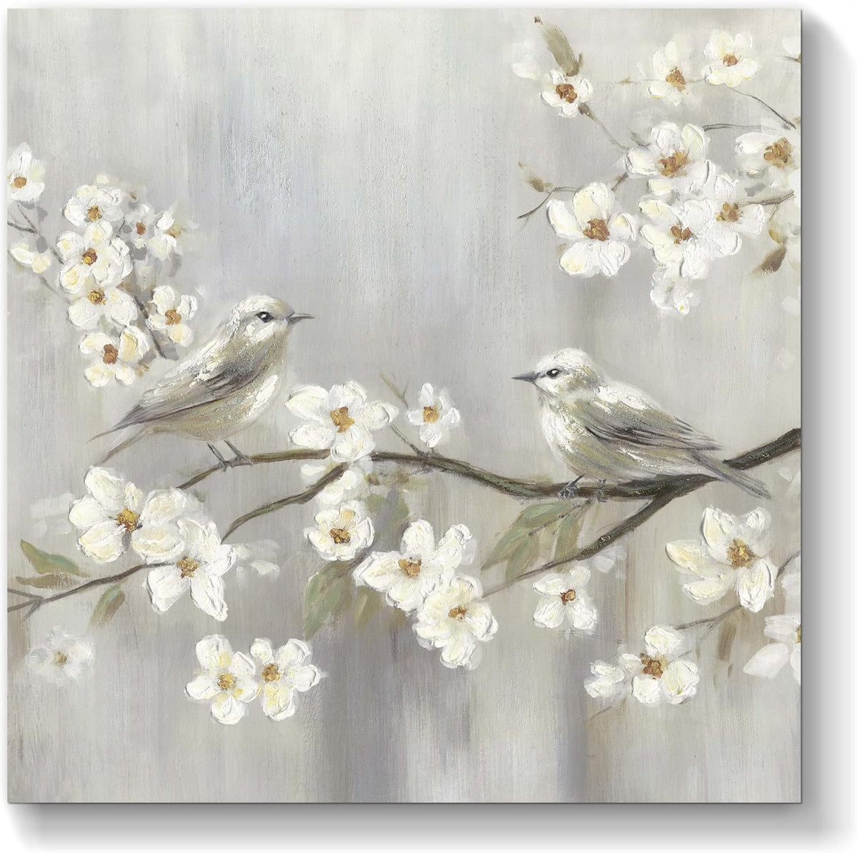 TAR TAR STUDIO White Flowers & Birds Canvas Wall Art - Unframed Nature Decor for Bedroom, Living Room, Office - 12"x12"