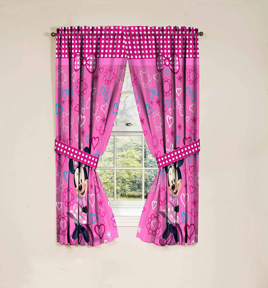 Jay Franco Kids Window Drapes - 4 Piece Curtain Set Includes 2 Tiebacks, Beautiful Bedding Room Décor and Easy Set Up, Pink - Minnie Mouse, 63 Inch
