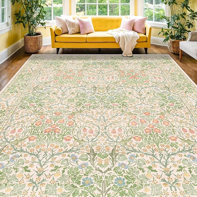 Vintage Washable Beige Green 10x14 Rug by HazoHaus
