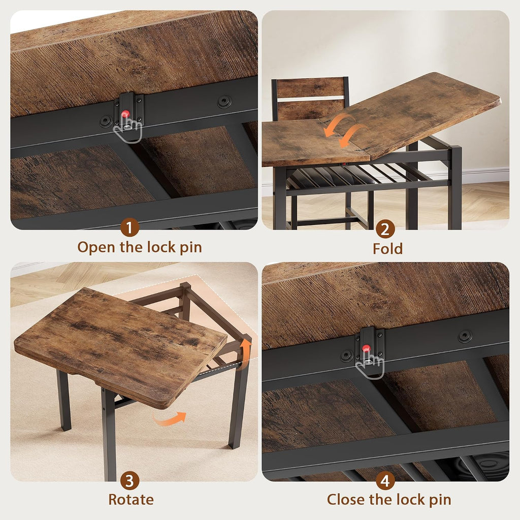 MapleGrace Extendable Dining Table Set for 4 with Built-in Shelf Rack Brown