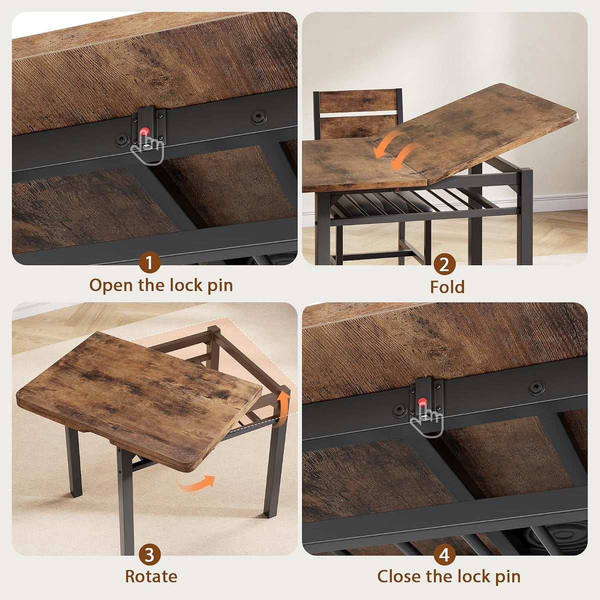 MapleGrace Extendable Dining Table Set for 4 with Built-in Shelf Rack Brown