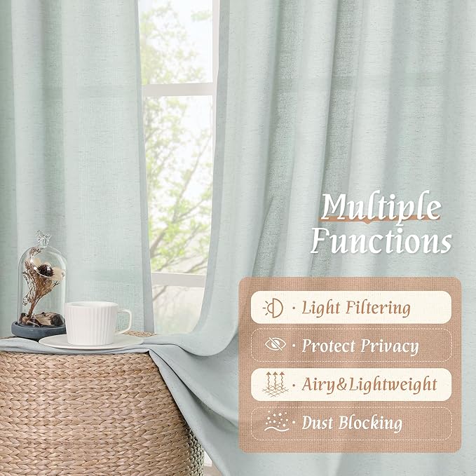 LAMIT Linen Curtains 63 Inch for Bedroom, Light Filtering Neutral Semi Sheer - Image 9