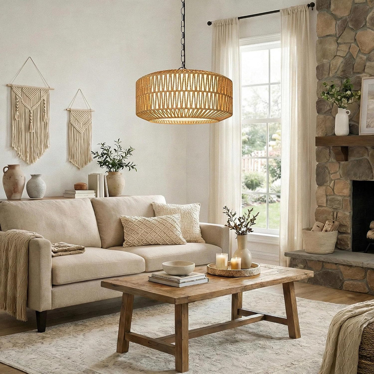 19" Rattan Chandelier for Dining Room, Boho Dining Room Light Fixture