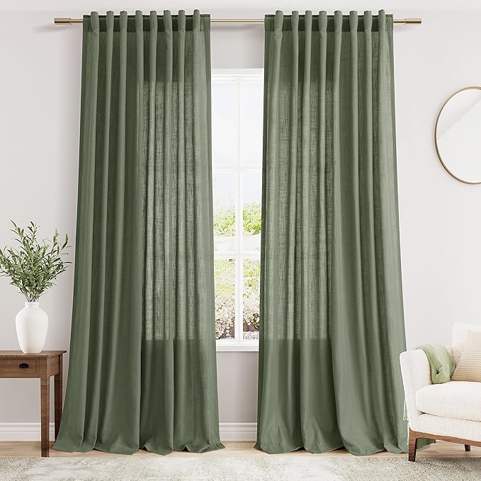 Nanspring Olive Green Linen Blend Semi Sheer Curtains 108 Inches Long x 60 by Nanspring