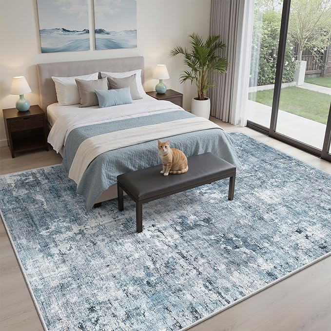 Abstract Rug 5x7 Machine Washable Area Indoor Blue Low Pile Non-Slip Foldable - Image 4