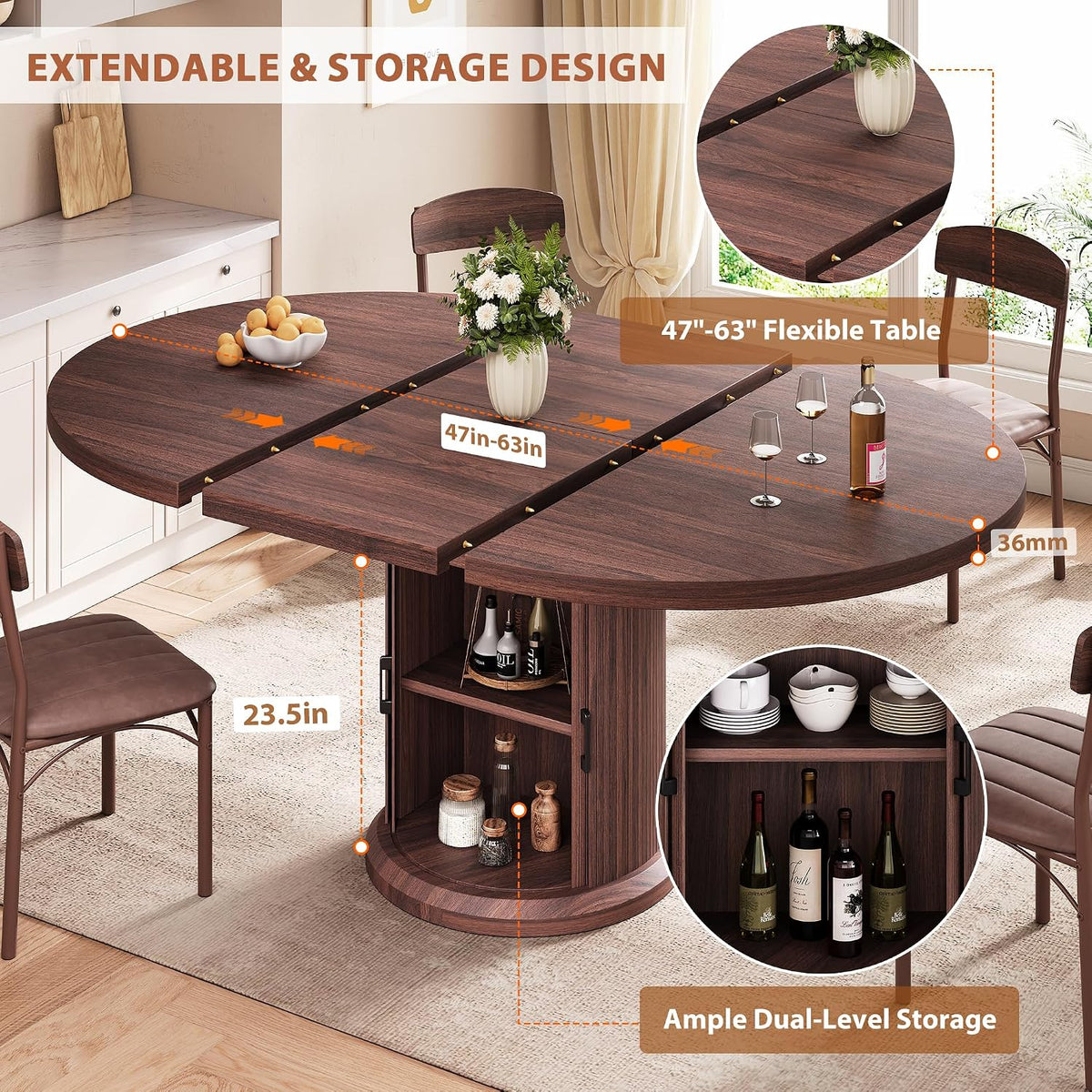 Jocoevol 47″–63″ Extendable Round Dining Table for 4–8 with Dust-Proof 2-Tier Storage Shelf Space Saving Expandable Wood Oval Circle Dinner Furniture with Pedestal Base (Brown)
