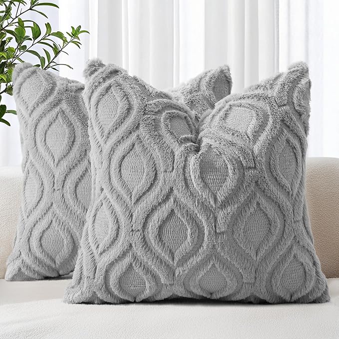 decorUhome Throw Pillow Covers 20x20 Inch Set of 2, Soft Plush Faux Wool Grey by decorUhome