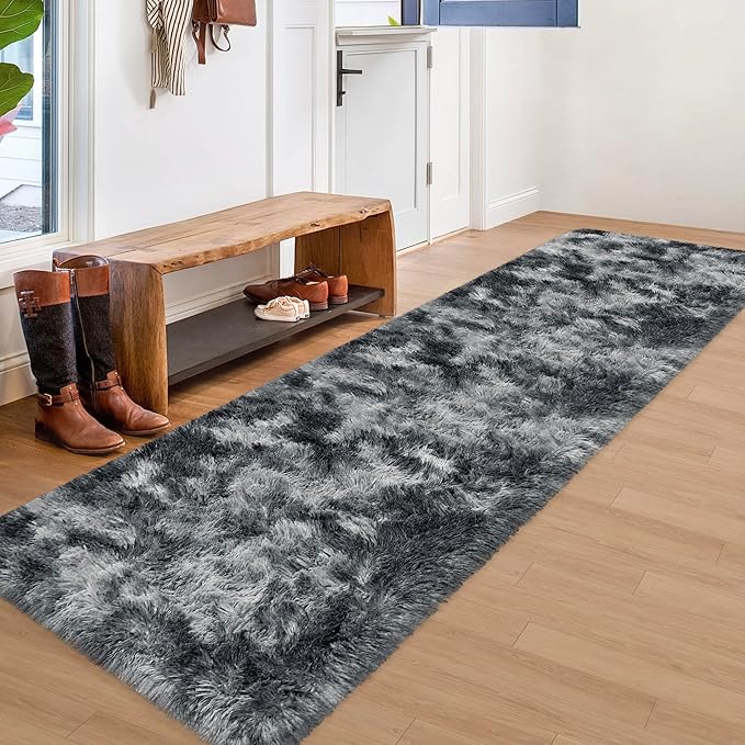 Tie-Dyed Dark Grey 2x8 Machine Washable Runner Rugs - Image 2
