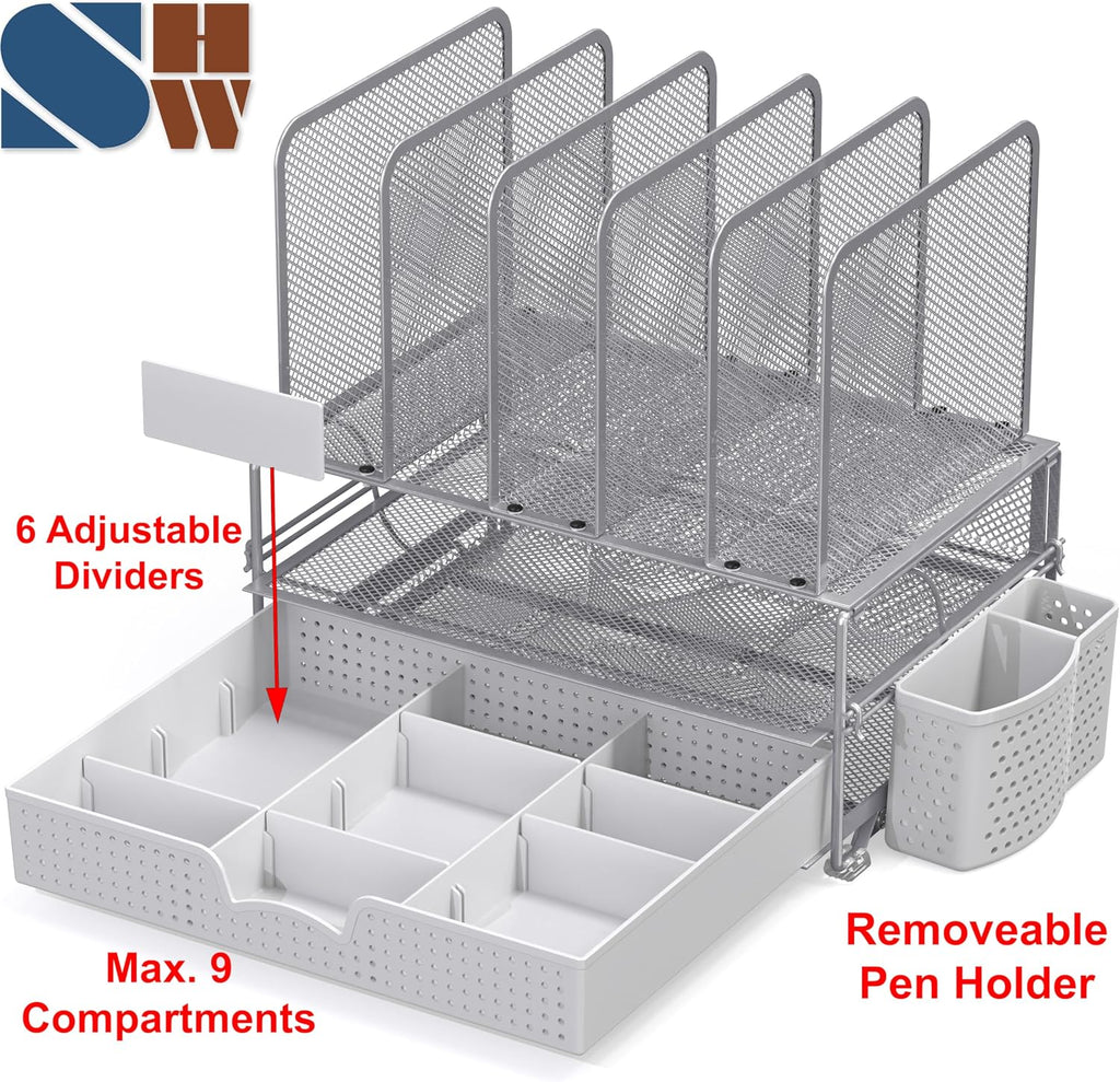 Simple Houseware Desk File Organizer for Office Supplies w/Drawer, Silver