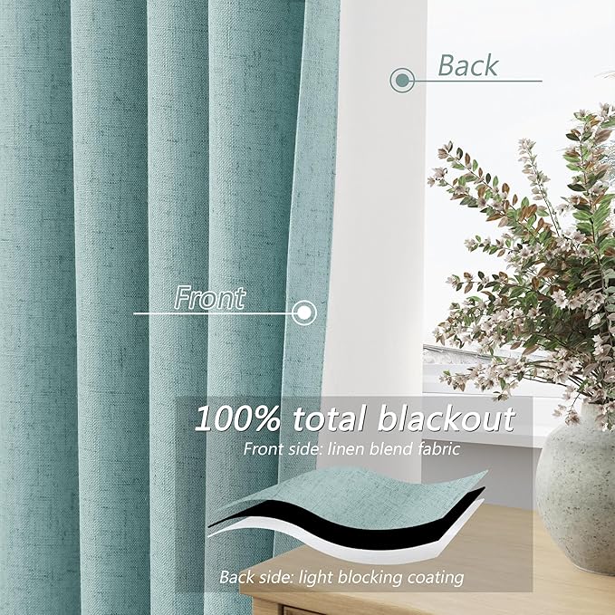 Guken Light Blue 100% Blackout Linen Curtains 108 Inch Length 2 Panels Set - Image 4