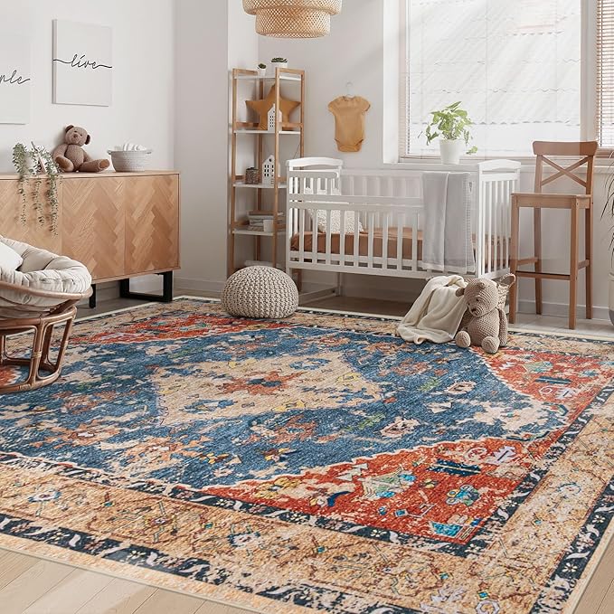 Area Rug 5x7 Washable Rug, Vintage Boho Medallion Rugs Non-Slip Soft Low Pile - Image 3