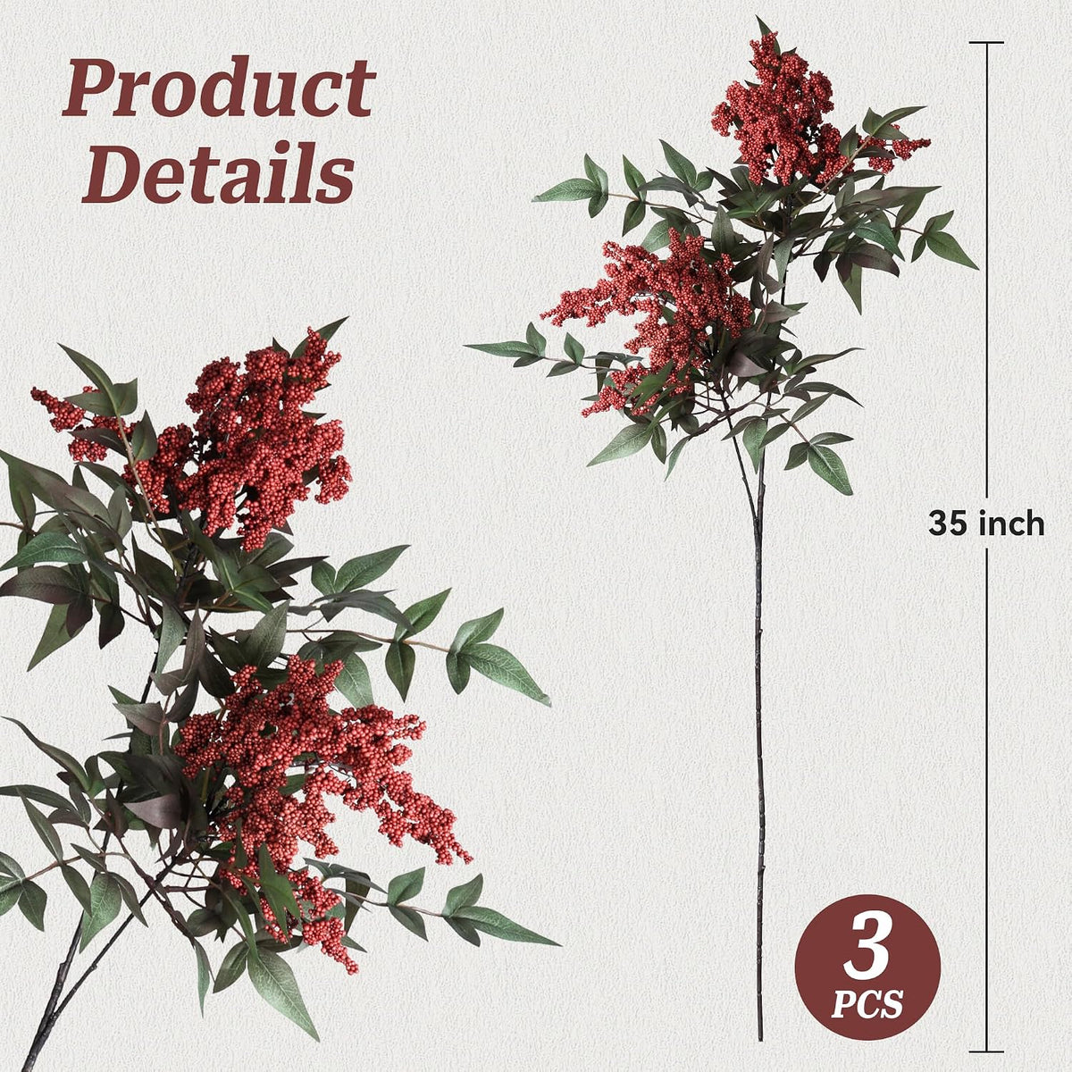 Artificial Flowers 35 Inch Artificial Nandina Berry Stem 3 Pcs Faux Flowers for Vase Realistic Sedum Spray for DIY Bouquet, Shower, Farmhouse, Mantel, Home Decor(Burgundy)
