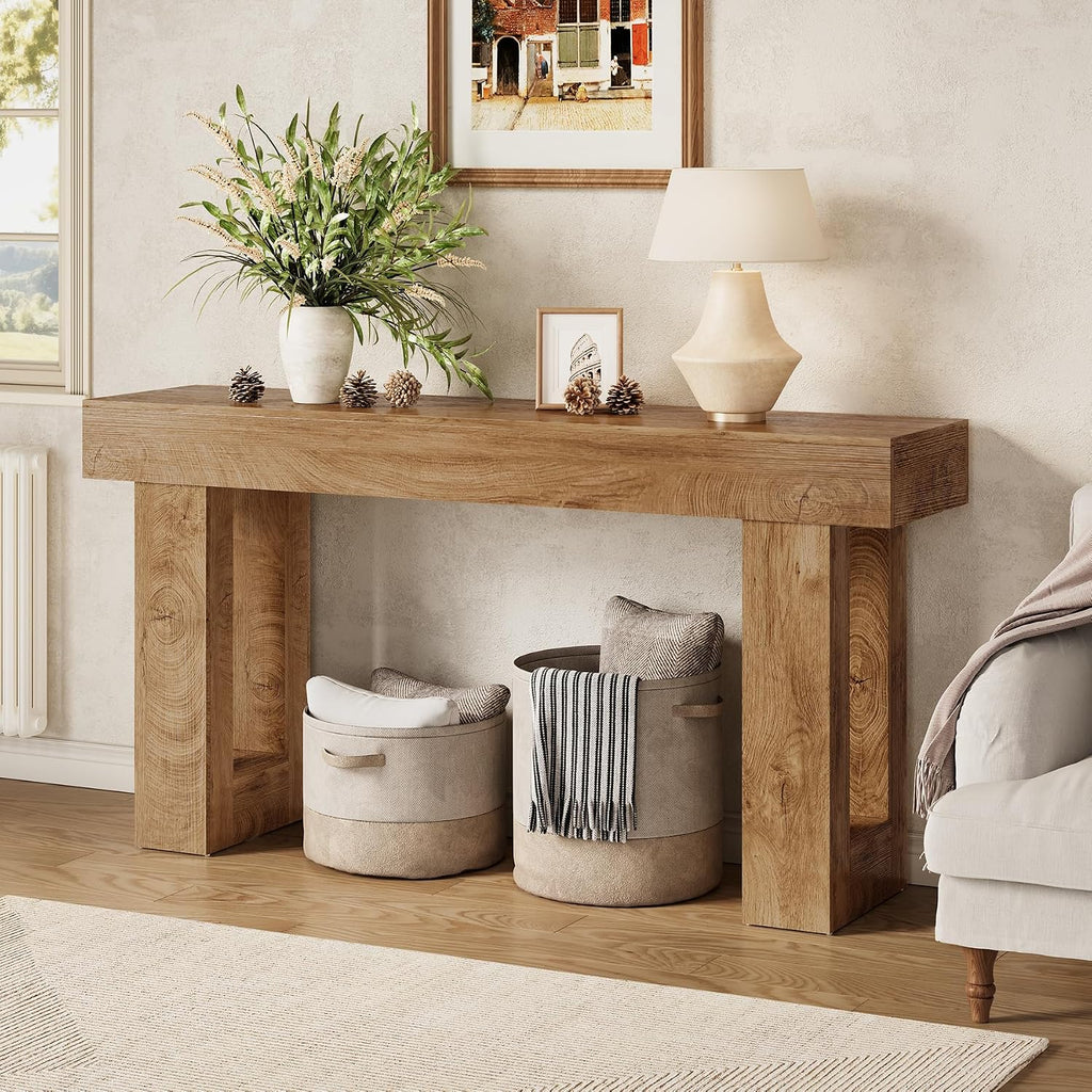 LITTLE TREE 63 Inches Long Console Table for Entryway, Sofa Table Behind Couch, Wooden Entry Table Foyer Hallway Tables, Farmhouse Console Sofa Tables for Living Room, Oak Color