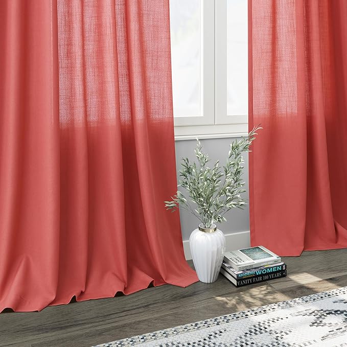 Nanspring Watermelon Red Linen Curtains 84 Inch Length 2 Panels Set, Back Tab - Image 6