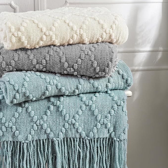BOURINA Light Grey Throw Blanket 50 x70 Inches Jacquard Argyle Throw Textured - Image 7