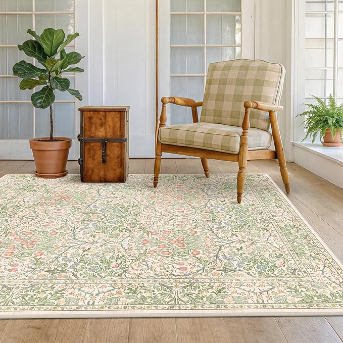 Beige Green 4x6 Washable Area Rug by HazoHaus