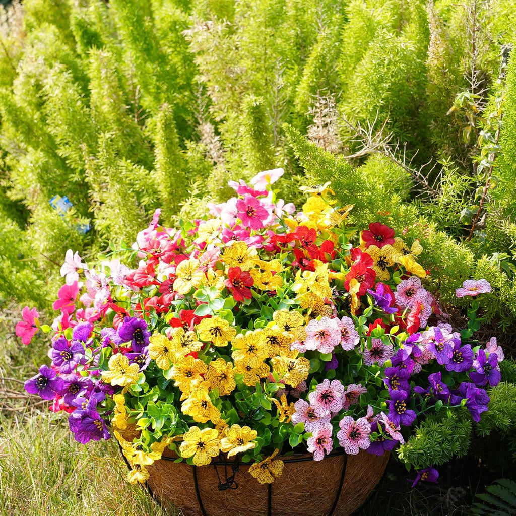 trytuny Artificial Flowers for Outdoor, UV Resistant Fake Silk Flowers, Realistic Faux Plants for Outside Indoor Porch Patio Window Box Planter Home Decor (20, Yellow Purple Rosy Pink Red)