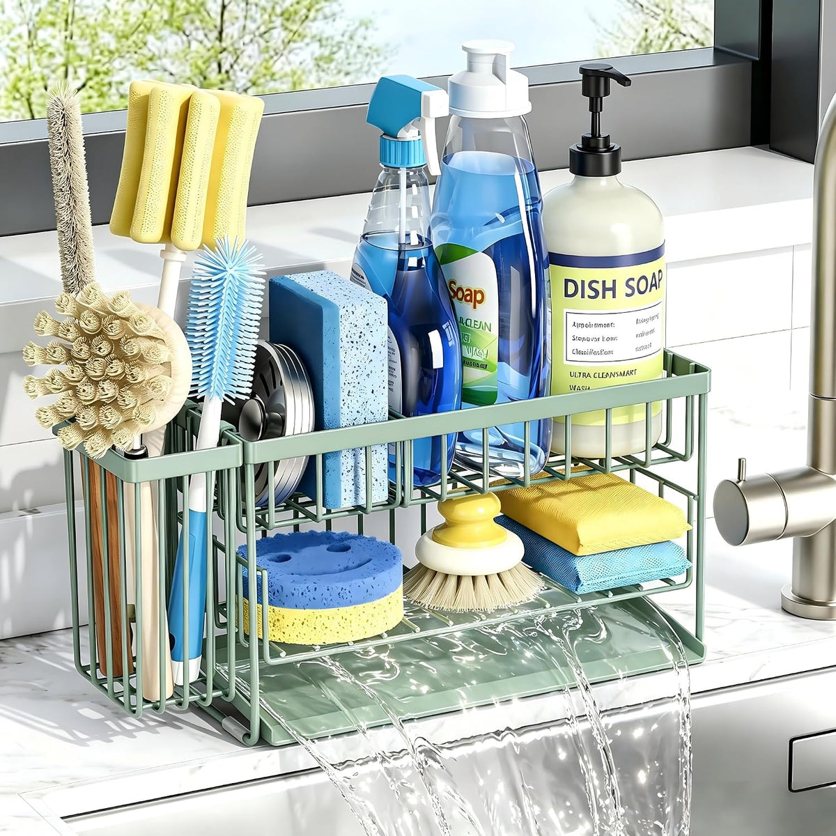 2-Tier Kitchen Sink Caddy Organzier Rack with Dish Brush Sponge Holder