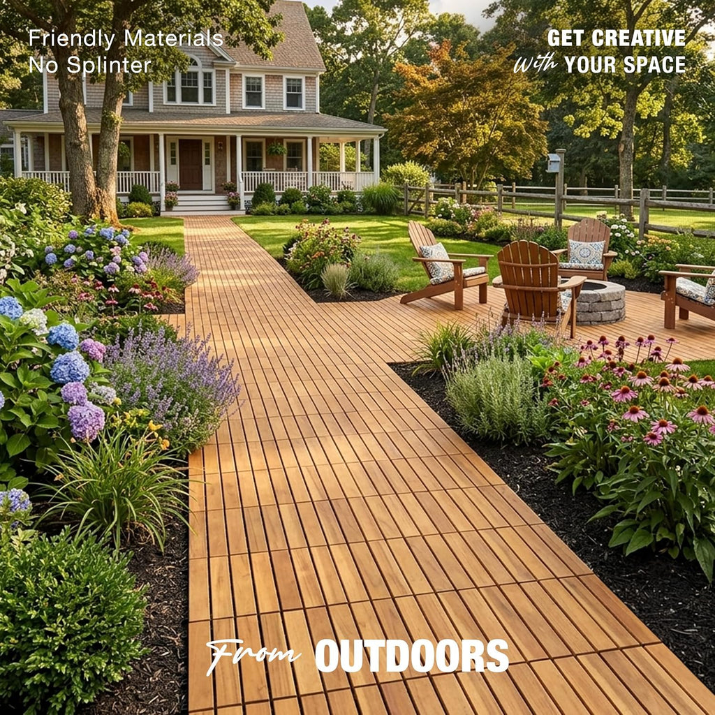Acacia Wood Interlocking Deck Tiles, Patio & Backyard Tile, 12 in, 9 PCS