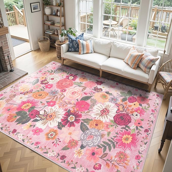 Pink Area Rugs 10x14 Living Room, Non Slip Machine Washable Floral Rugs - Image 4