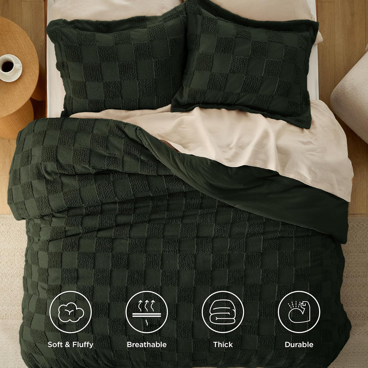 Bedsure Dark Olive Green Comforters Queen Set, Boho Plaid Bedding Set 3 Pcs