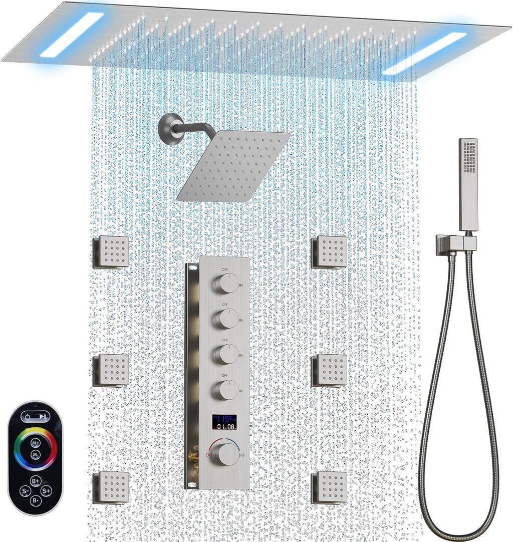 Bathroom Shower System with 14x20 Inch Ceiling Mount LED Head & 8 Inch Wall Head and Handheld Shower 4 Function Valve with body jets,Matte Black