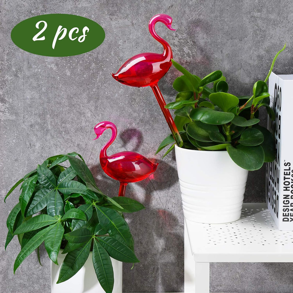 NiHome Self Watering Globes 2 Pack Glass Plant Waterer Flamingo Pink 10in
