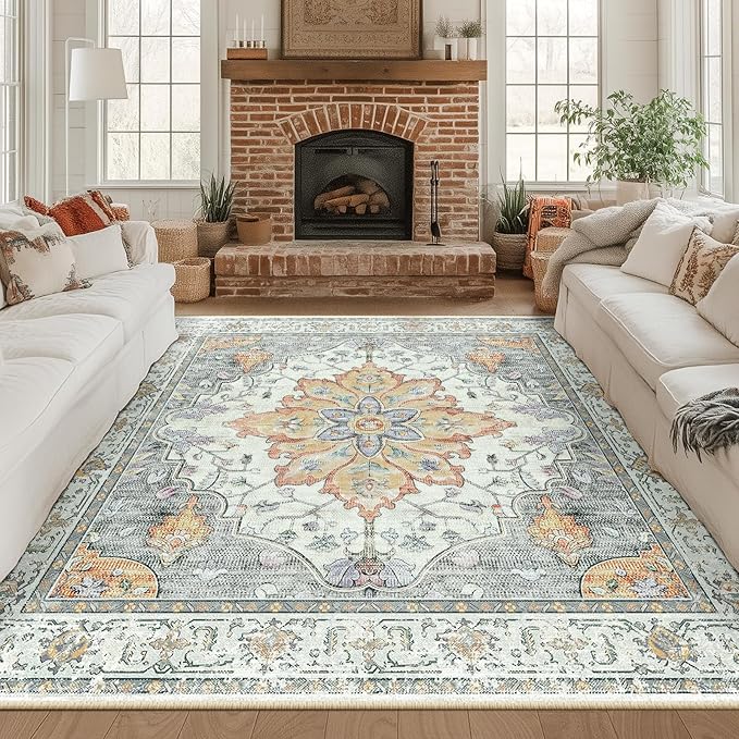 RELEANY Area Rugs Square 8ft Washable Non-Slip, Floral Vintage Distress Print by RELEANY