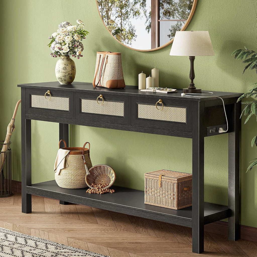 SUPERJARE Rattan Console Sofa Table with Outlets, USB-C Port and 3 Drawers