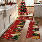 Red Christmas Tree Kitchen Rugs Set of 3, Non Slip Rubber Backing