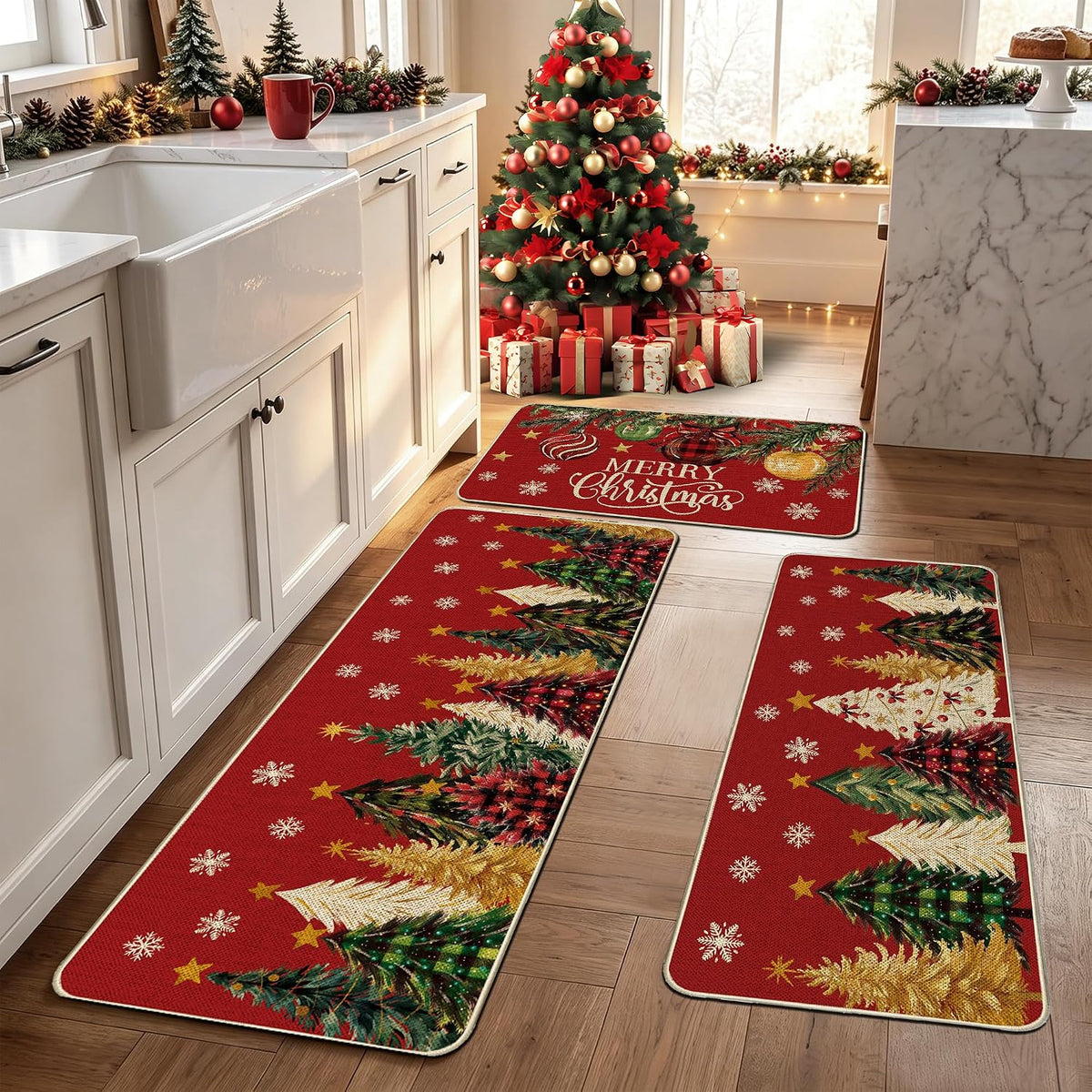 Red Christmas Tree Kitchen Rugs Set of 3, Non Slip Rubber Backing