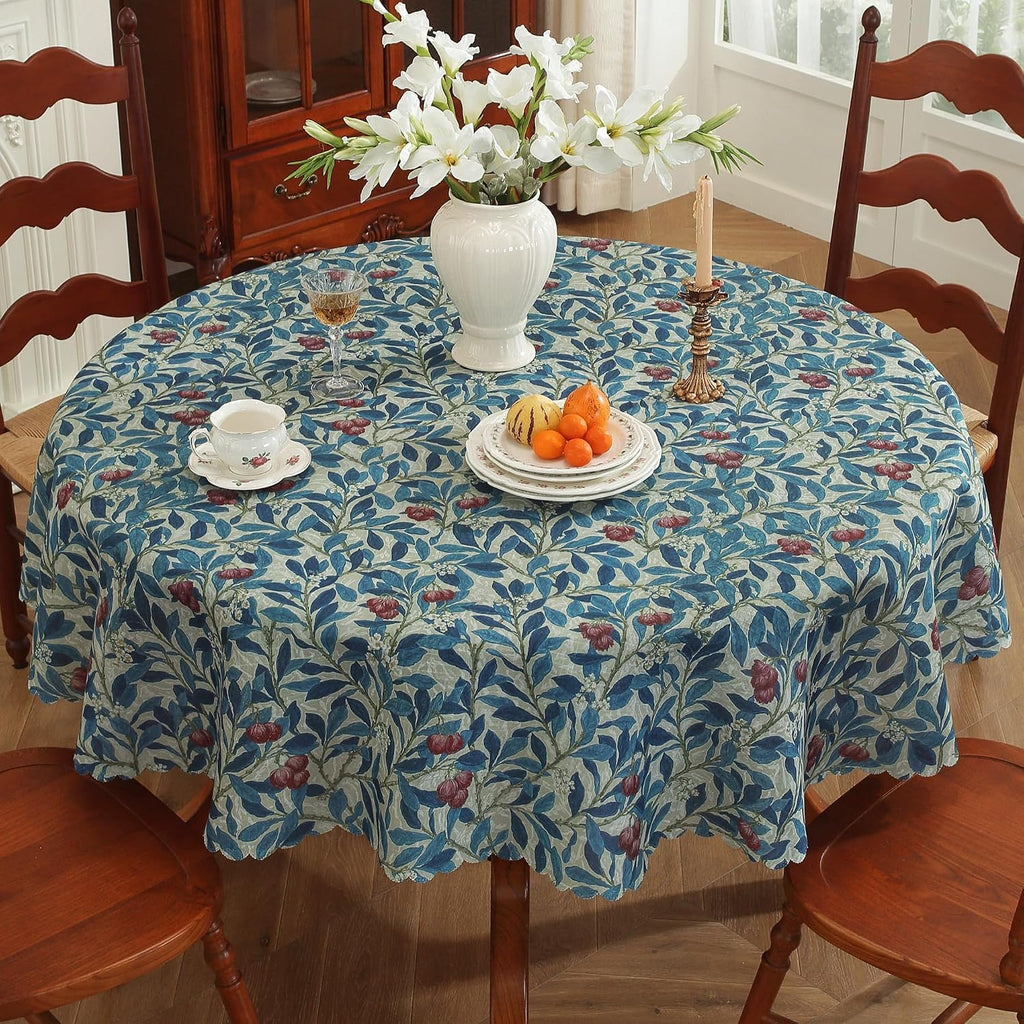 Round Waterproof Tablecloth Linen Textured Table Cloth,Stain and Wrinkle Resistant Washable Fabric Table Cover for Dining, Party, Camping and Outdoor,60Inch, Blue Leaves