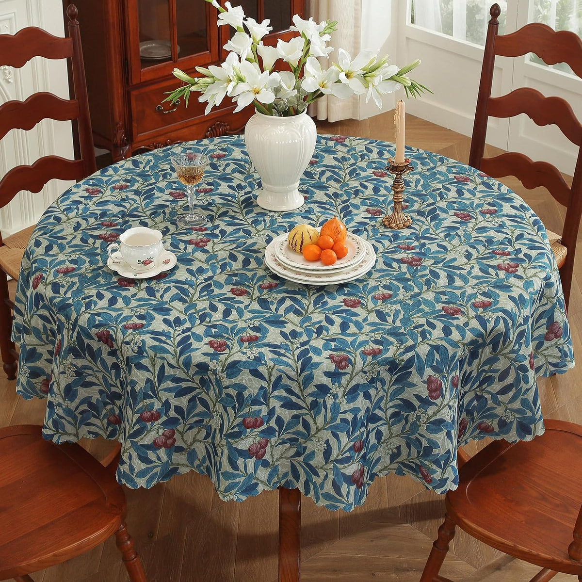 Round Waterproof Tablecloth Linen Textured Table Cloth,Stain and Wrinkle Resistant Washable Fabric Table Cover for Dining, Party, Camping and Outdoor,60Inch, Blue Leaves