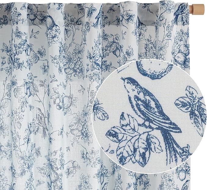 jinchan Linen Floral Curtains for Living Room 84 Inch Length Blue Printed - Image 7
