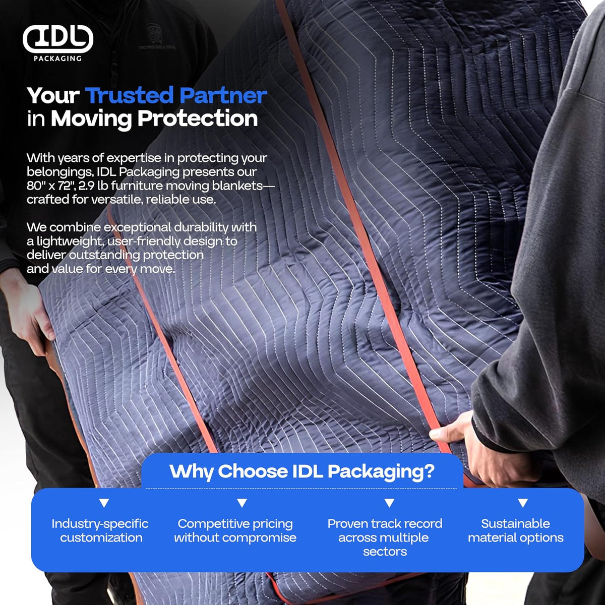 Large Moving Blanket 80" x 72", Blue/Black Color (Pack of 3) - Heavy-Duty Furniture Pad for Moving & Wrapping - Thick Packing Blanket for Furniture Protection - Padded Mover Cover by IDL Packaging