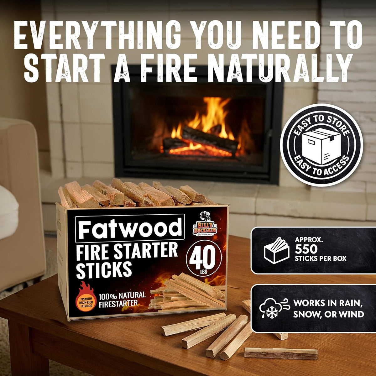 Billy Buckskin 40lb Fatwood Fire Starter Sticks, 100% Natural Firestarter