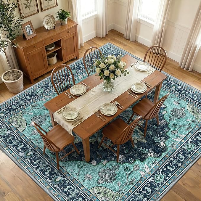 Area Rugs Square 10ft Washable Non-Slip, Floral Vintage Distress Print Pattern by RELEANY