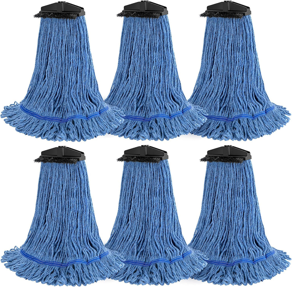 ONESIMUS Large Heavy-Duty Commercial Mop Head Replacement – Screw-On Wet Industrial Cotton Looped String Refill with Built-in Tough Polypropylene Bristle Brush for Floor Cleaning (Blue 6 Pack)