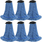 ONESIMUS Large Heavy-Duty Commercial Mop Head Replacement – Screw-On Wet Industrial Cotton Looped String Refill with Built-in Tough Polypropylene Bristle Brush for Floor Cleaning (Blue 6 Pack)