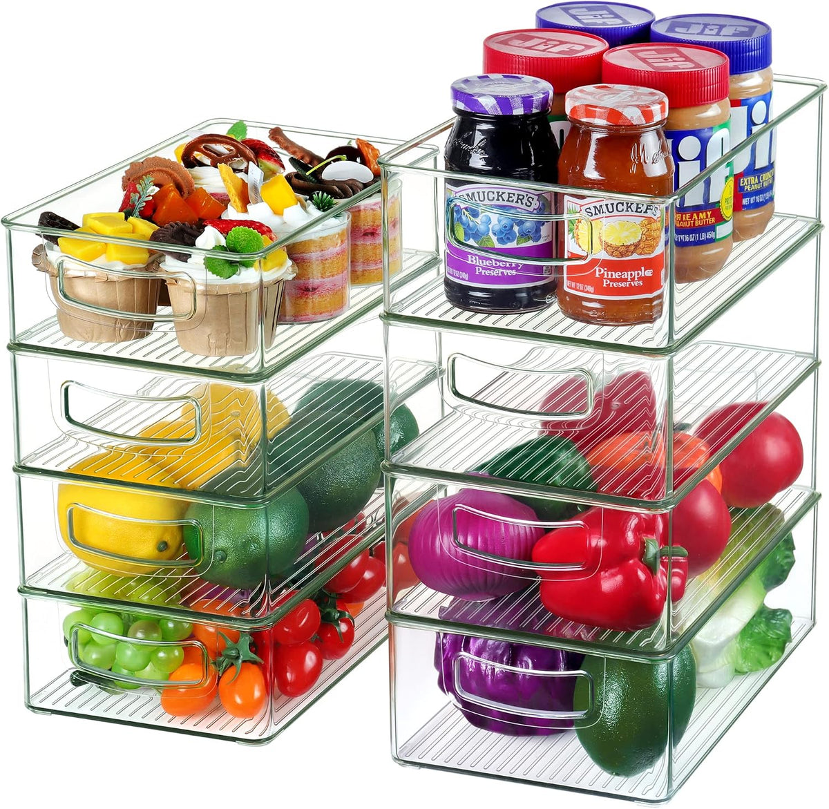 Qilinba Clear Storage Bins 8 Pack for Pantry Organizers, 4 Large Plastic Pantry Organizer Bins and 4 Small Stackable Storage Containers for Kitchen Cabinet, Home Edit, Freezer Fridge Organizer