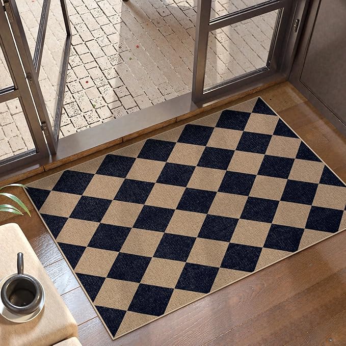 Lahome Colette Checkered Easy Jute Kitchen Rug, 2x3 Indoor Door Mat Small by Lahome