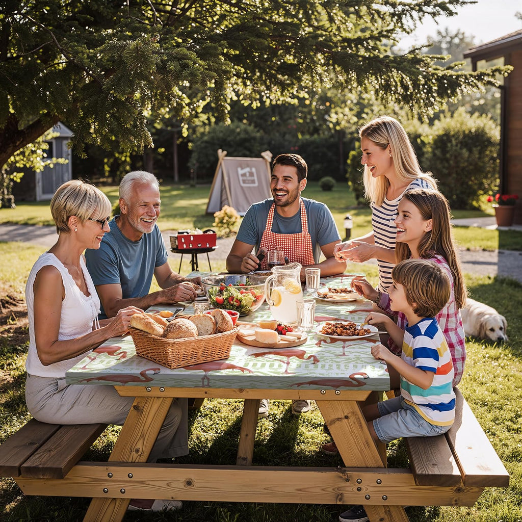 Fitted Waterproof Picnic Table Cover with Bench Covers Heavy Duty Elastic Outdoor Camping Tablecloth for 6 Foot Rectangle Tables Summer Rv Accessories Patio Garden Road Trip Essentials Gifts