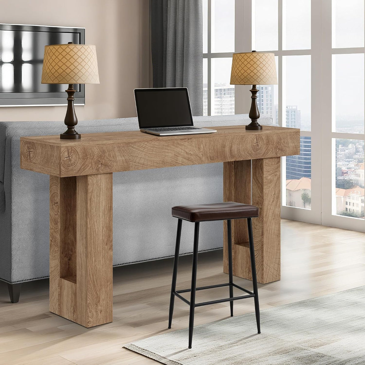 63" Farmhouse Console Table - Long Sofa Table Behind Couch, Wooden Entryway Table for Living Room, Hallway, Entrance, Rustic Rectangular Design, Natural Color