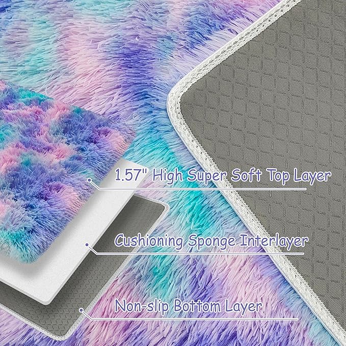 Small Area Rug for Bedroom 2x3ft Mini Tie-Dye Purple Rainbow Fluffy Rug Mat - Image 5