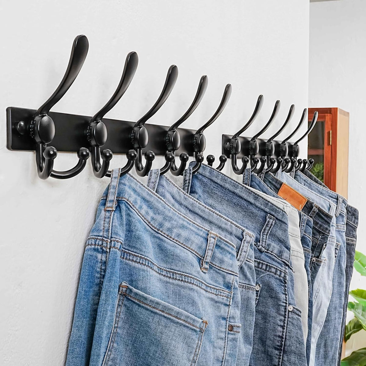 Coat Rack Wall Mount, Heavy Duty 12-Gauge Base vs Flimsy 1mm, Double-Thick Solid Anti-Snap Hooks, 16” Stud-Mount, Stainless Steel Hanger for Clothes Hat Entryway Closet Mudroom, Black