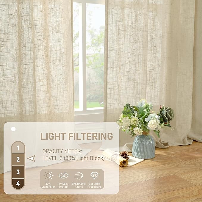 LAMIT 96 inch Linen Curtains for Bedoom, Light Filtering Semi Sheer Panels Back - Image 3