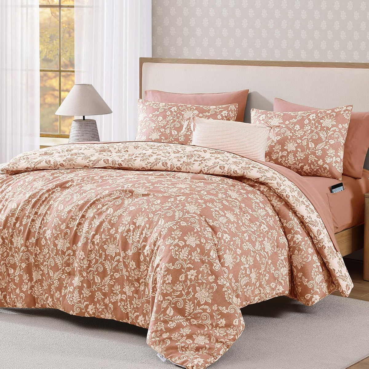 BLOOMHAVEN Queen Comforter Set-7 Pieces Pink Floral Bed in a Bag Queen