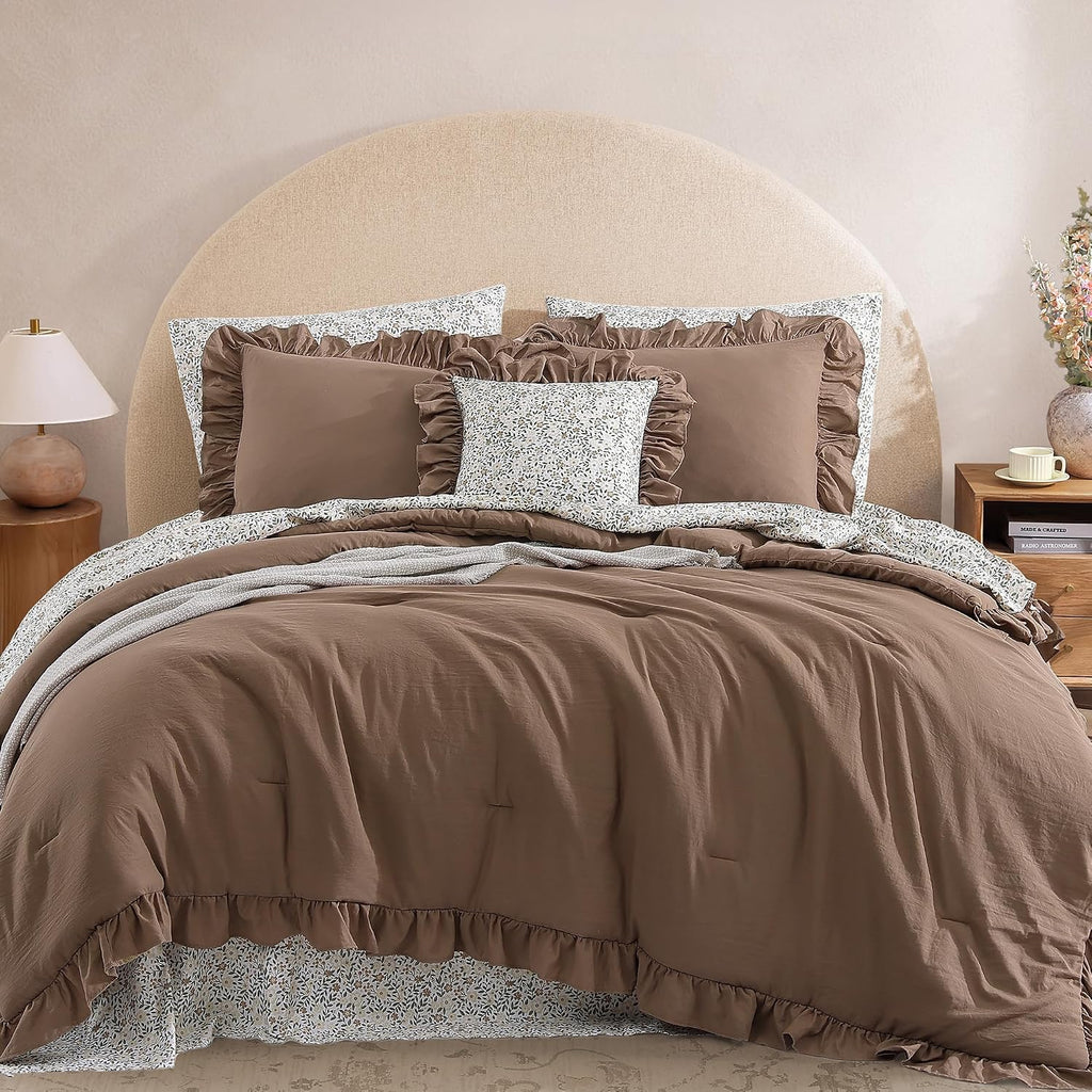 BLOOMHAVEN Queen Comforter Set-7 Pieces Ruffle Bedding with Floral Sheet