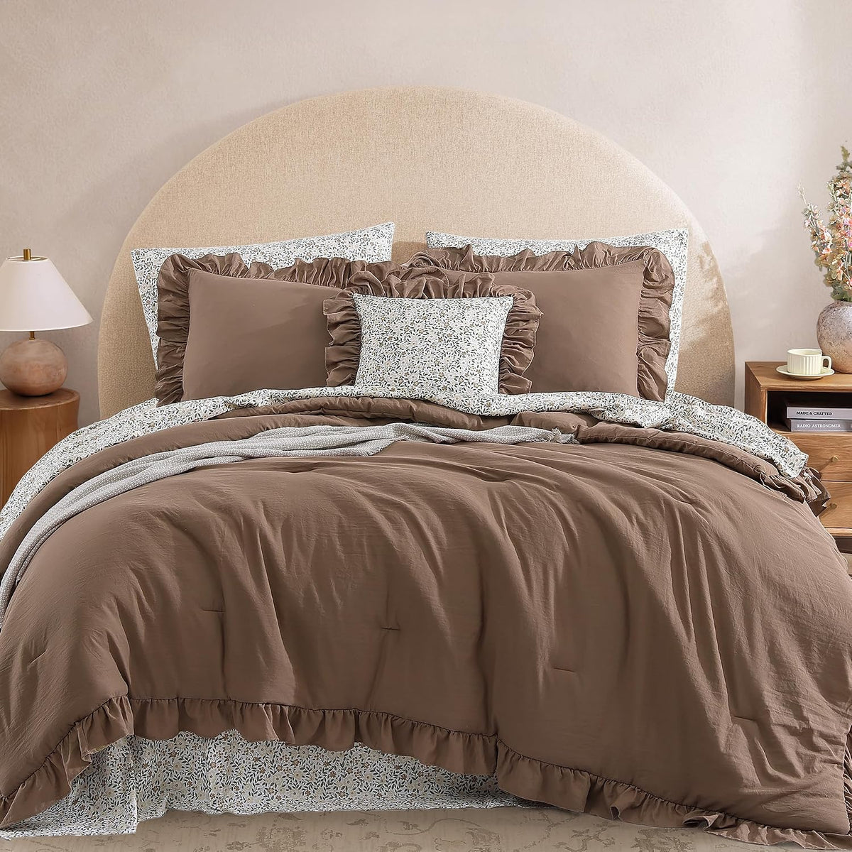 BLOOMHAVEN Queen Comforter Set-7 Pieces Ruffle Bedding with Floral Sheet